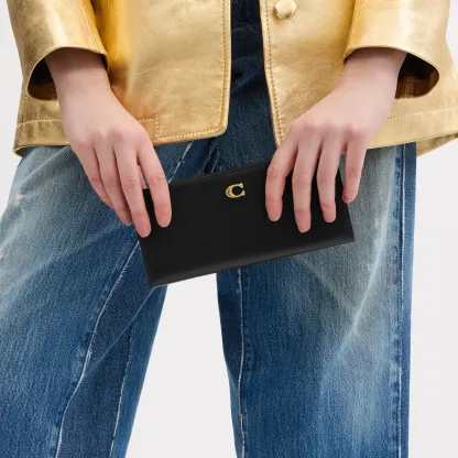 COACH®,Essential Slim Wallet,Leather,Continental,Bi Fold,Logo,Metal,Casual,Black,Detail View