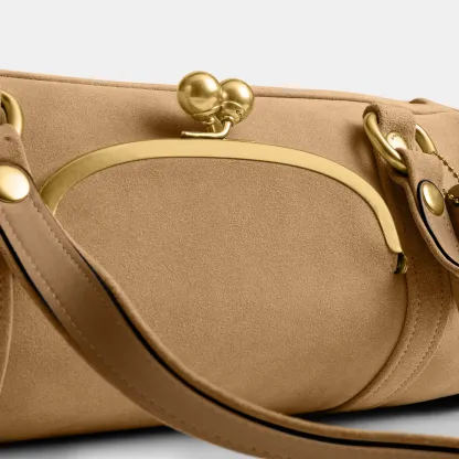 COACH®,Kisslock Barrel Bag,Lining Cotton Knit,Lining Cotton,Suede,Barrel Bag,Pendant,Brass,Day Party,Beige,Closer View