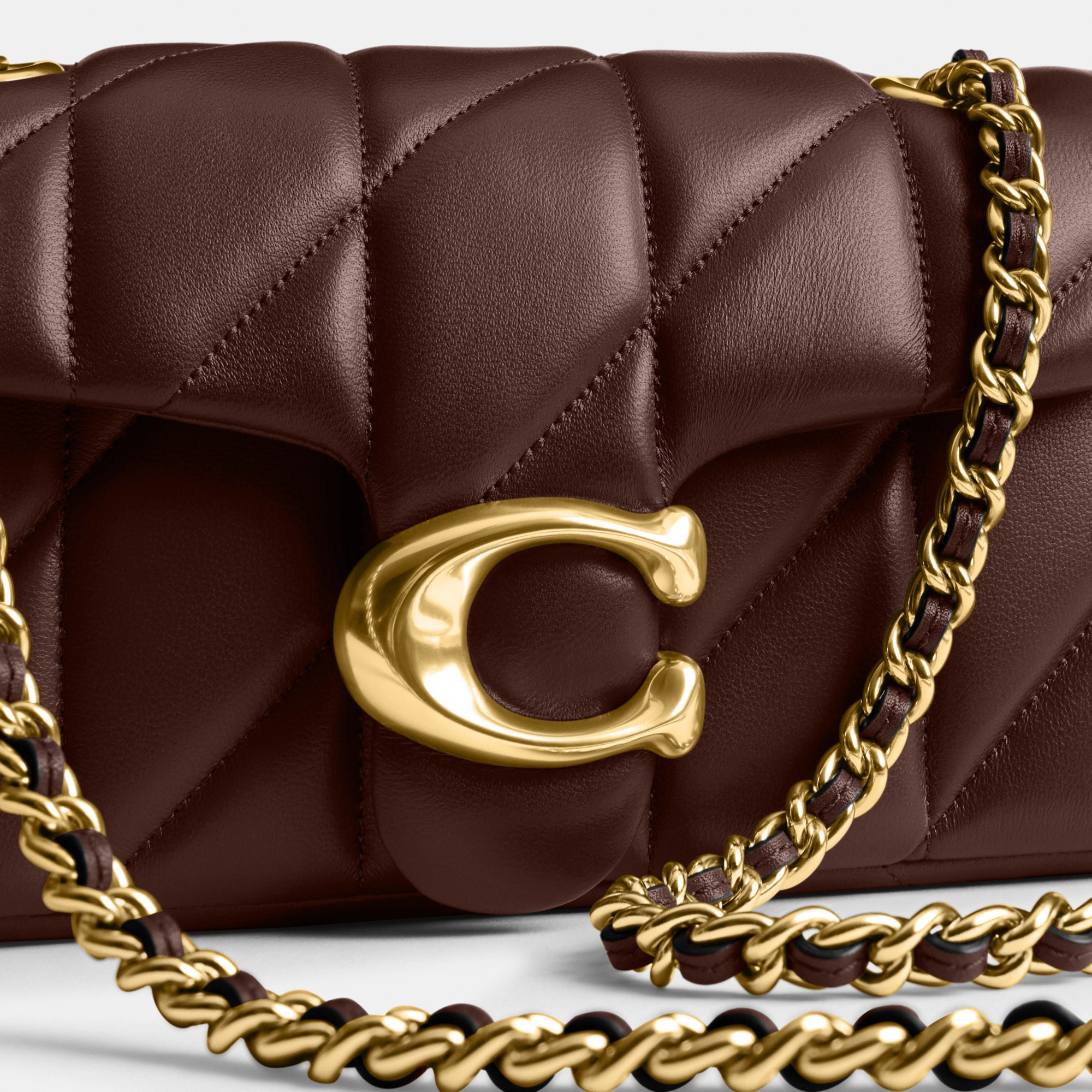 COACH®,Tabby Shoulder Bag 20 With Pillow Quilting,Leather,Shoulder Bag,Chain Detail,Embossed,Logo,Metal,Gold Metal,Day Party,Brown,Closer View