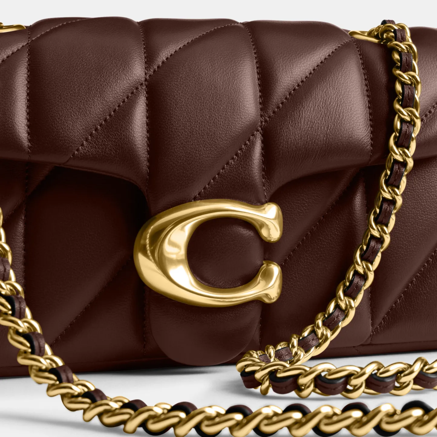 COACH®,Tabby Shoulder Bag 20 With Pillow Quilting,Leather,Shoulder Bag,Chain Detail,Embossed,Logo,Metal,Gold Metal,Day Party,Brown,Closer View
