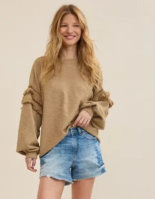 Aerie Textured Oversized Crew Sweatshirt - Toasted Almond