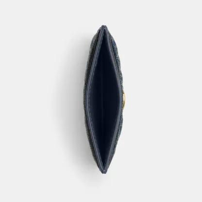 COACH®,Essential Card Case In Regenerative Cotton Denim With Quilting,Denim,Leather,Cotton,Card Case,Logo,Metal,Casual,Navy,Inside View,Top View