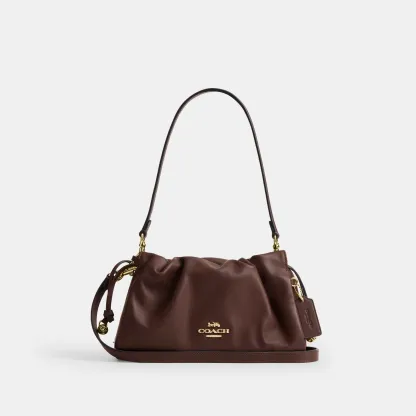 COACH®,Faye Shoulder Bag,Shoulder Bag,Metal,Ball Embellishment,Drawstring,Logo,Casual,Brown,Front View
