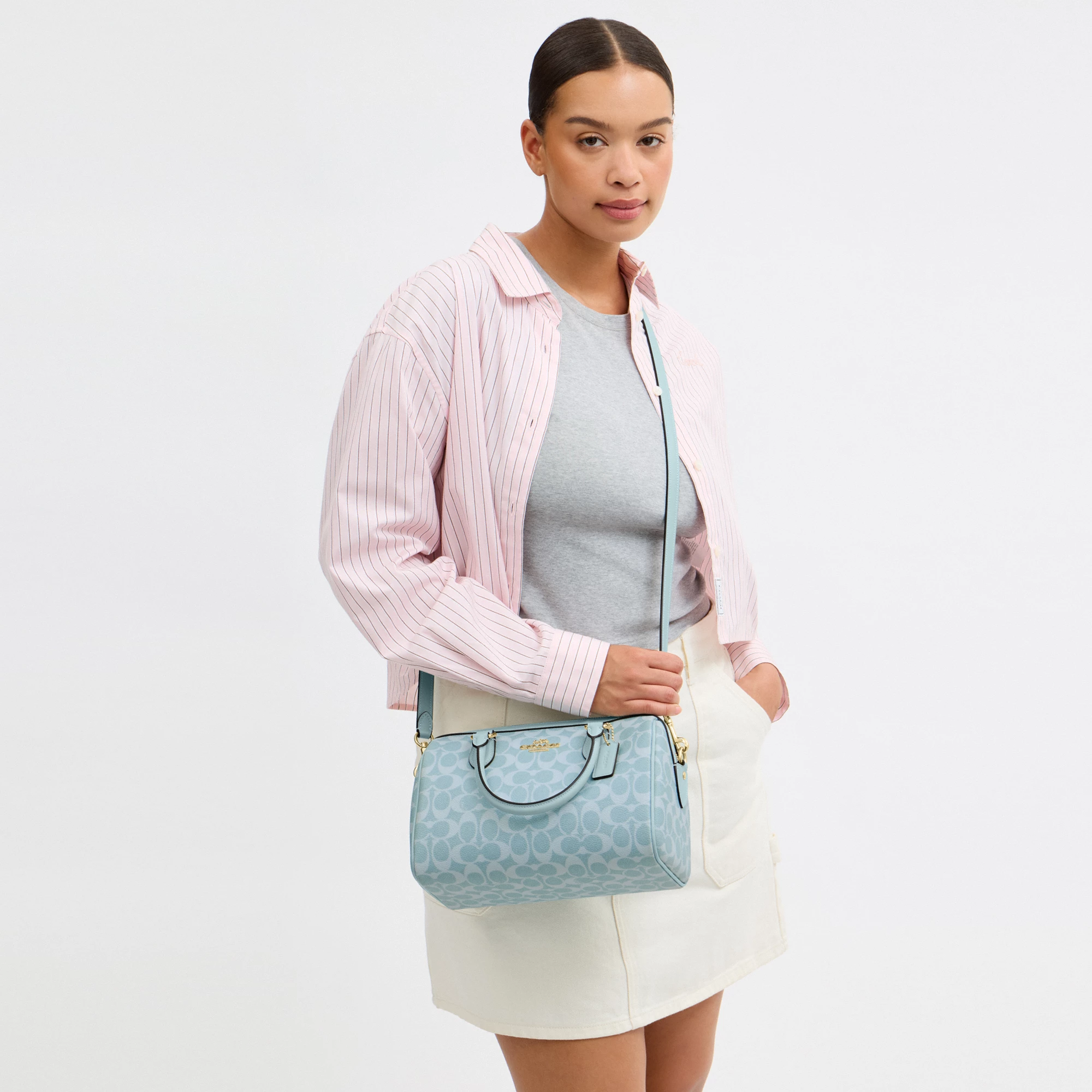 Rowan Satchel Bag In Signature Canvas - signature canvas/Gold/Light Blue - view 7