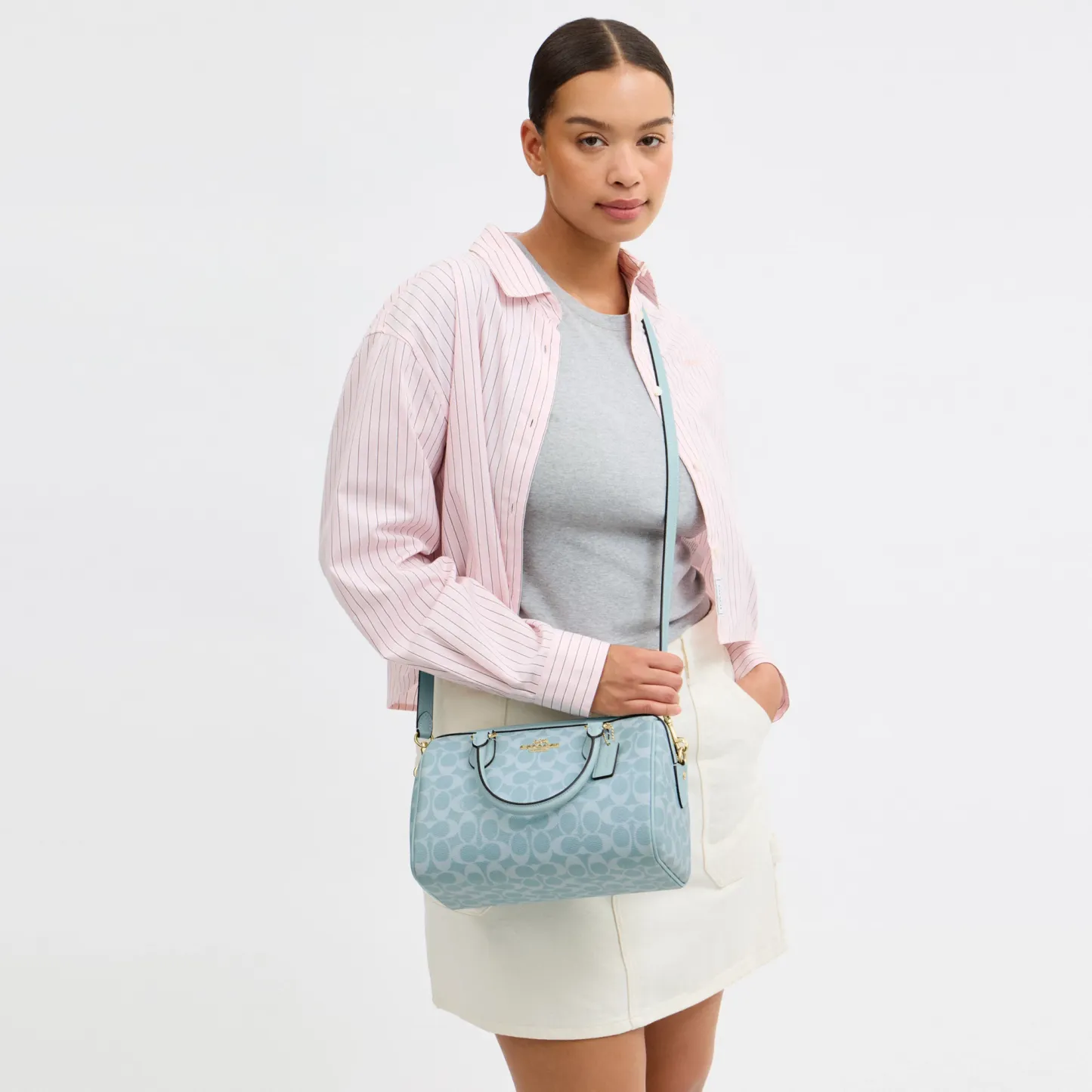 Rowan Satchel Bag In Signature Canvas - signature canvas/Gold/Light Blue - view 7