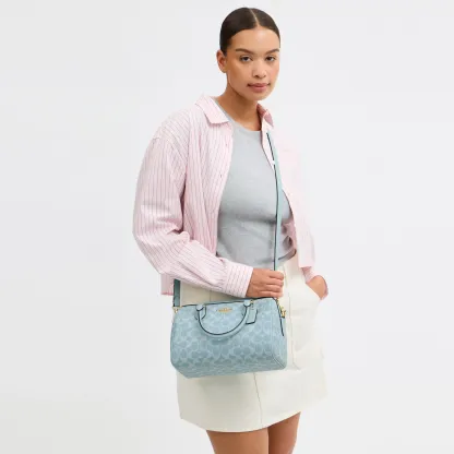 Rowan Satchel Bag In Signature Canvas - signature canvas/Gold/Light Blue - view 7