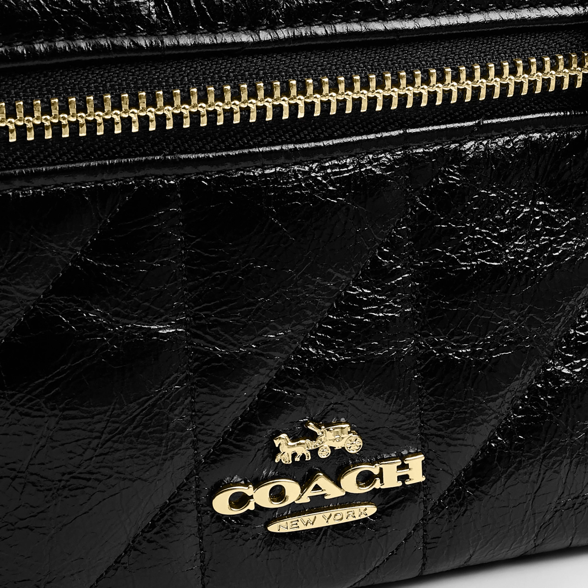 COACH®,Rainer Crossbody Bag 18 With Quilting,Recycled Polyester,Leather,Crossbody,Logo,Quilted,Sustainable,Adjustable,Gold...,Black,Closer View