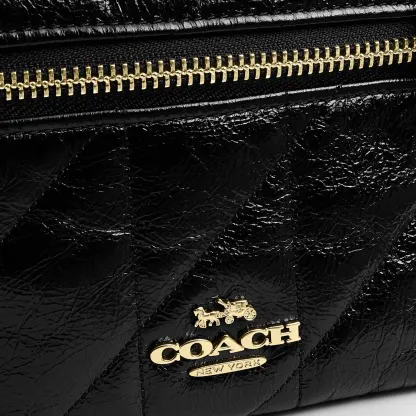 COACH®,Rainer Crossbody Bag 18 With Quilting,Recycled Polyester,Leather,Crossbody,Logo,Quilted,Sustainable,Adjustable,Gold...,Black,Closer View