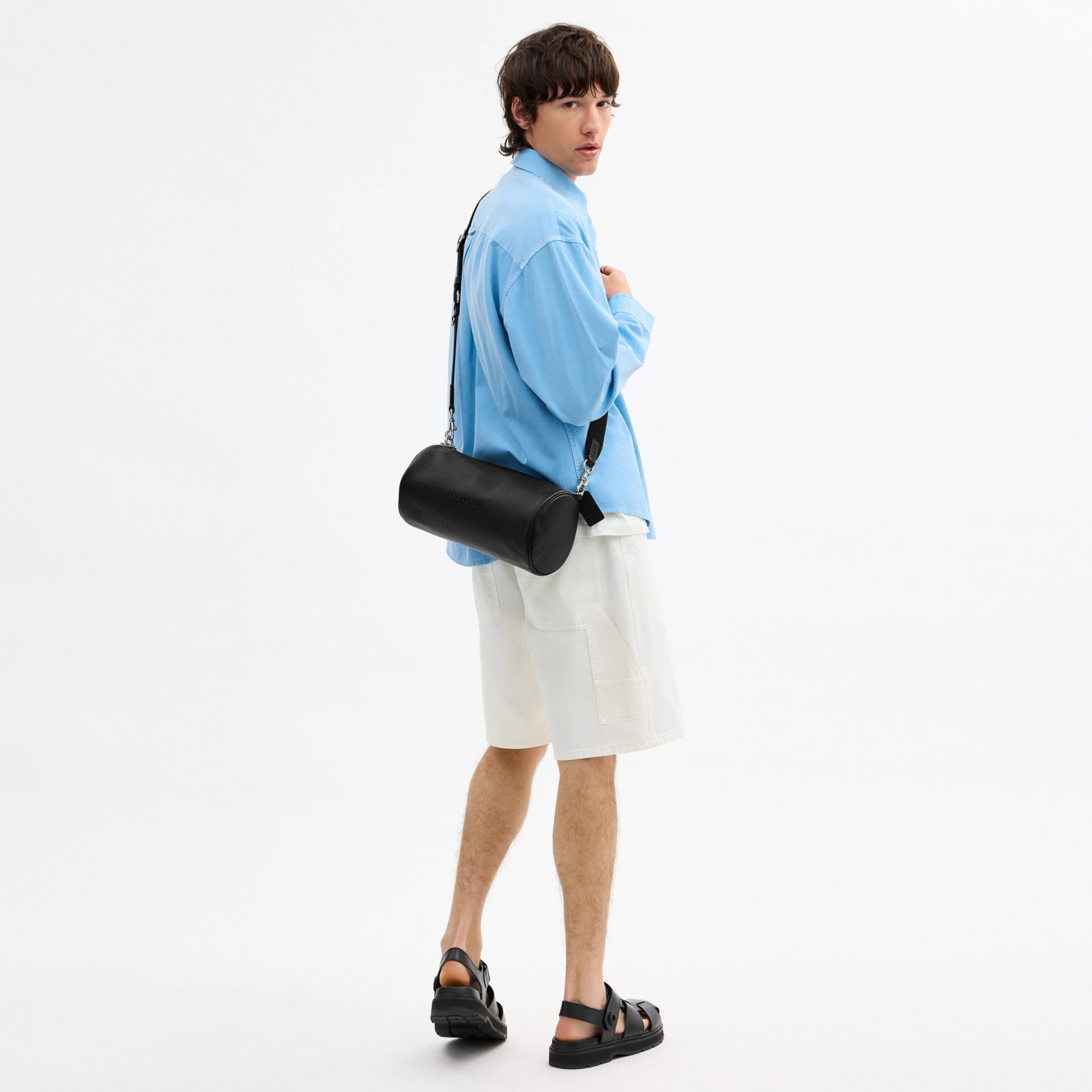 COACH®,Andre Barrel Bag 30,Leather,Recycled Polyester,Barrel Bag,Adjustable,Sustainable,Convertible,Durable Fabric,Silver ...,Black,Detail View