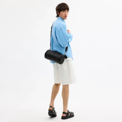 COACH®,Andre Barrel Bag 30,Leather,Recycled Polyester,Barrel Bag,Adjustable,Sustainable,Convertible,Durable Fabric,Silver ...,Black,Detail View