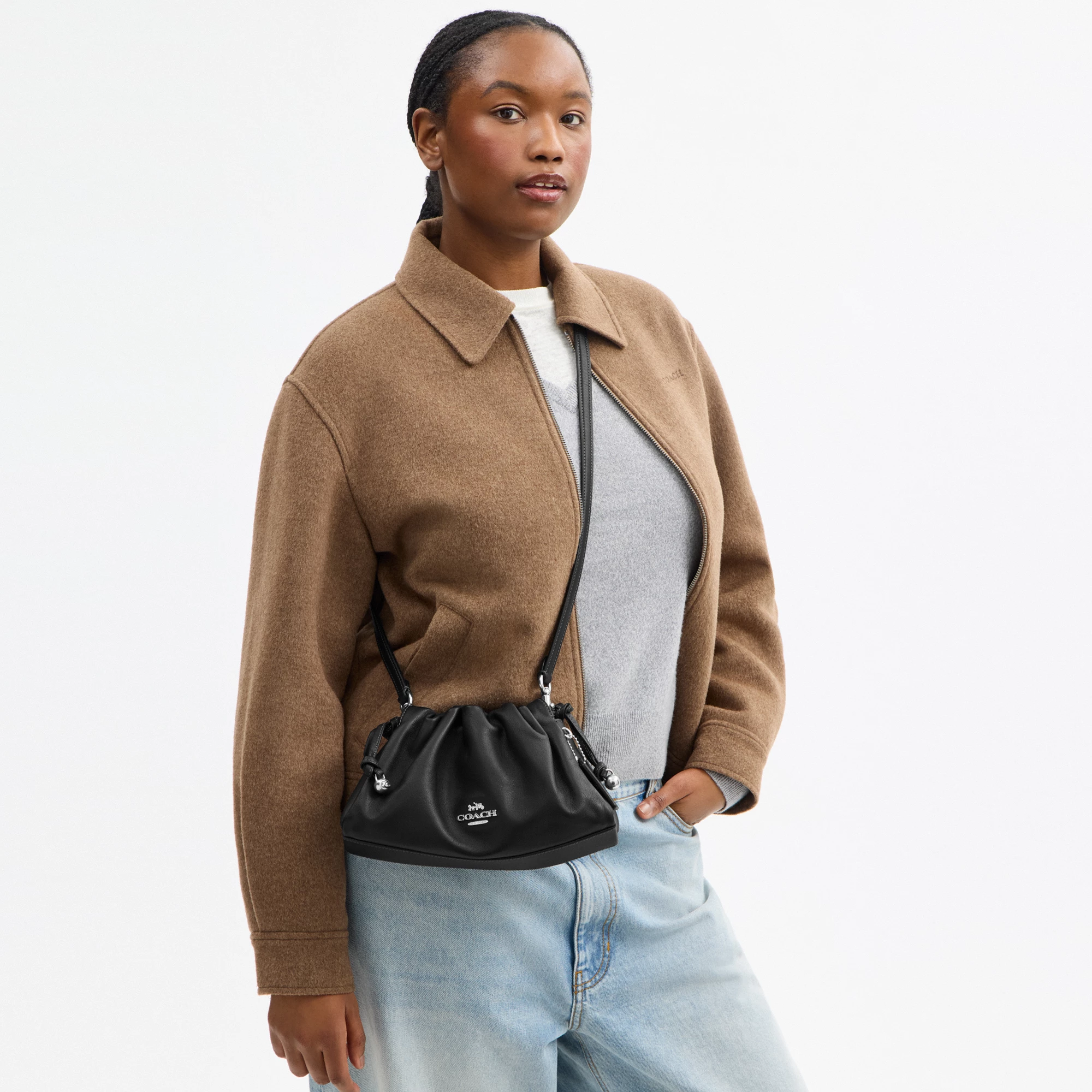 COACH®,Faye Shoulder Bag,Shoulder Bag,Metal,Ball Embellishment,Drawstring,Logo,Casual,Black