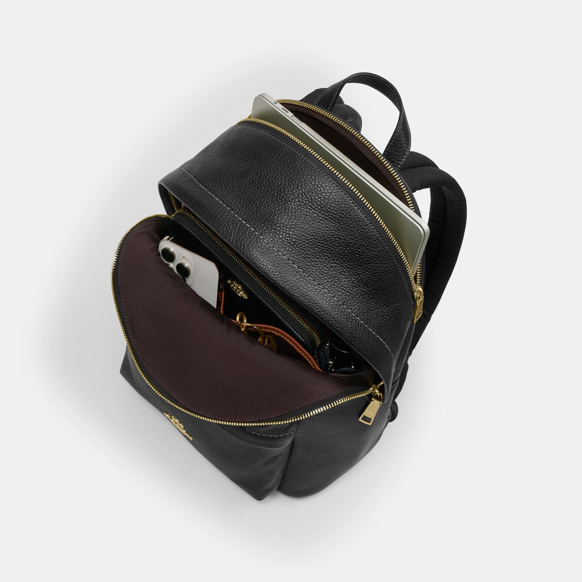 COACH®,Taylor Small Backpack,Recycled Polyester,Leather,Lining Recycled Polyester,Polyester,Backpack,Metal,Logo,Lined,Padd...,Black,Inside View,Top View
