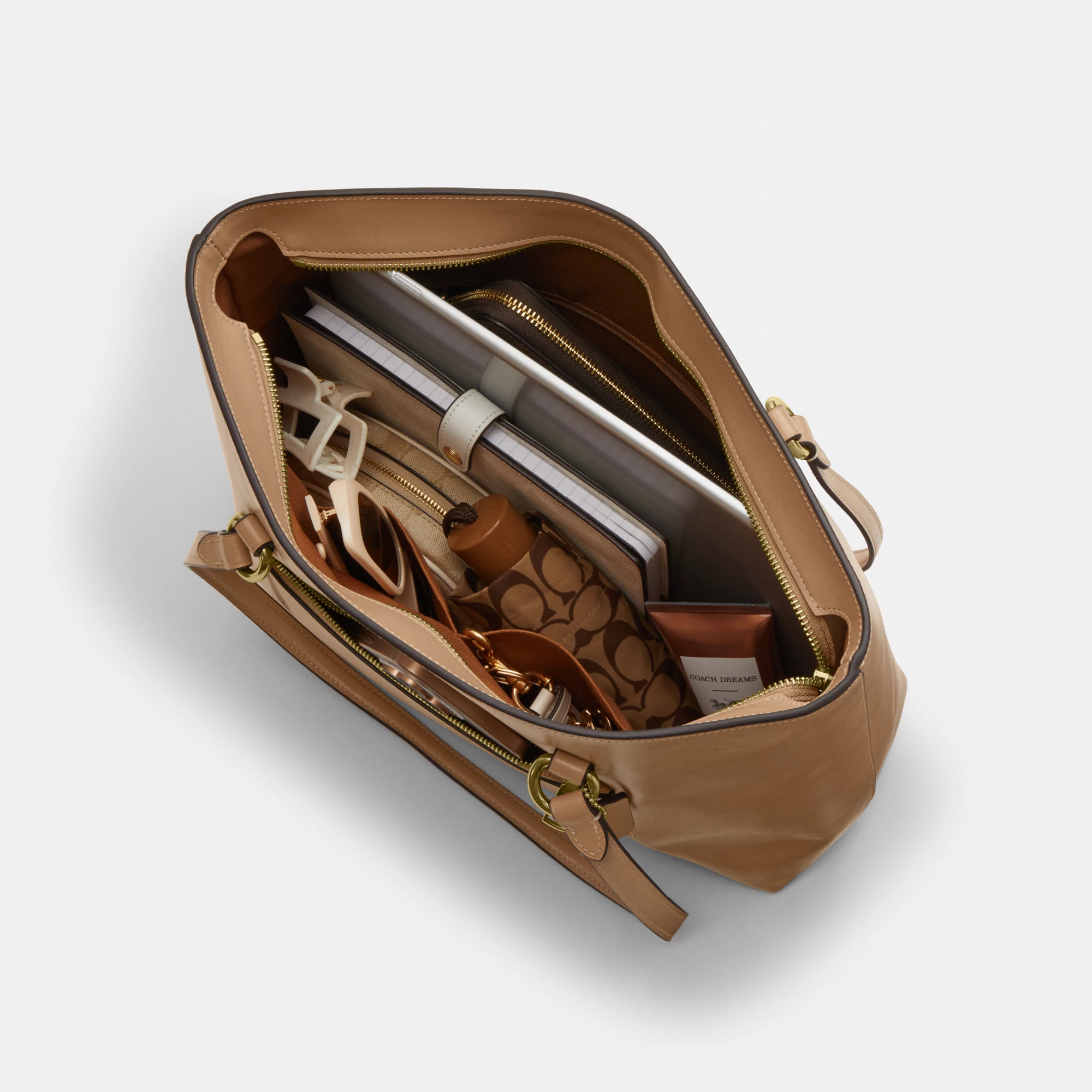COACH®,Station Tote Bag,Leather,Recycled Polyester,Tote,Logo,Metal,Gold Metal,Work,Brown,Inside View,Top View