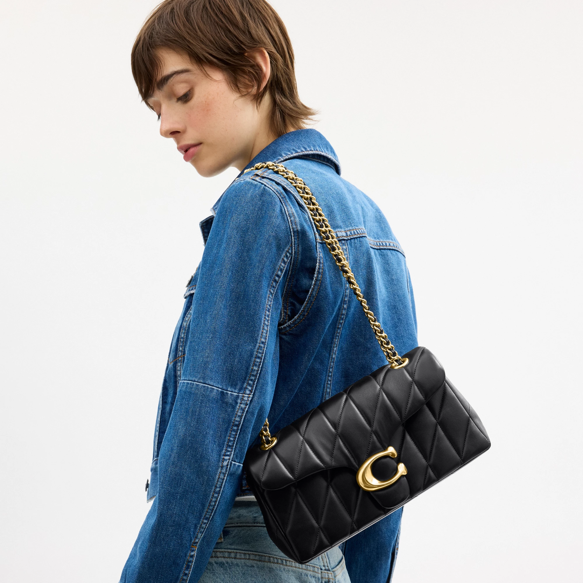 COACH®,Tabby Shoulder Bag 26 With Pillow Quilting,Leather,Shoulder Bag,Metal,Logo,Shoulder Guard,Silver Metal,Day Party,Black,Detail View