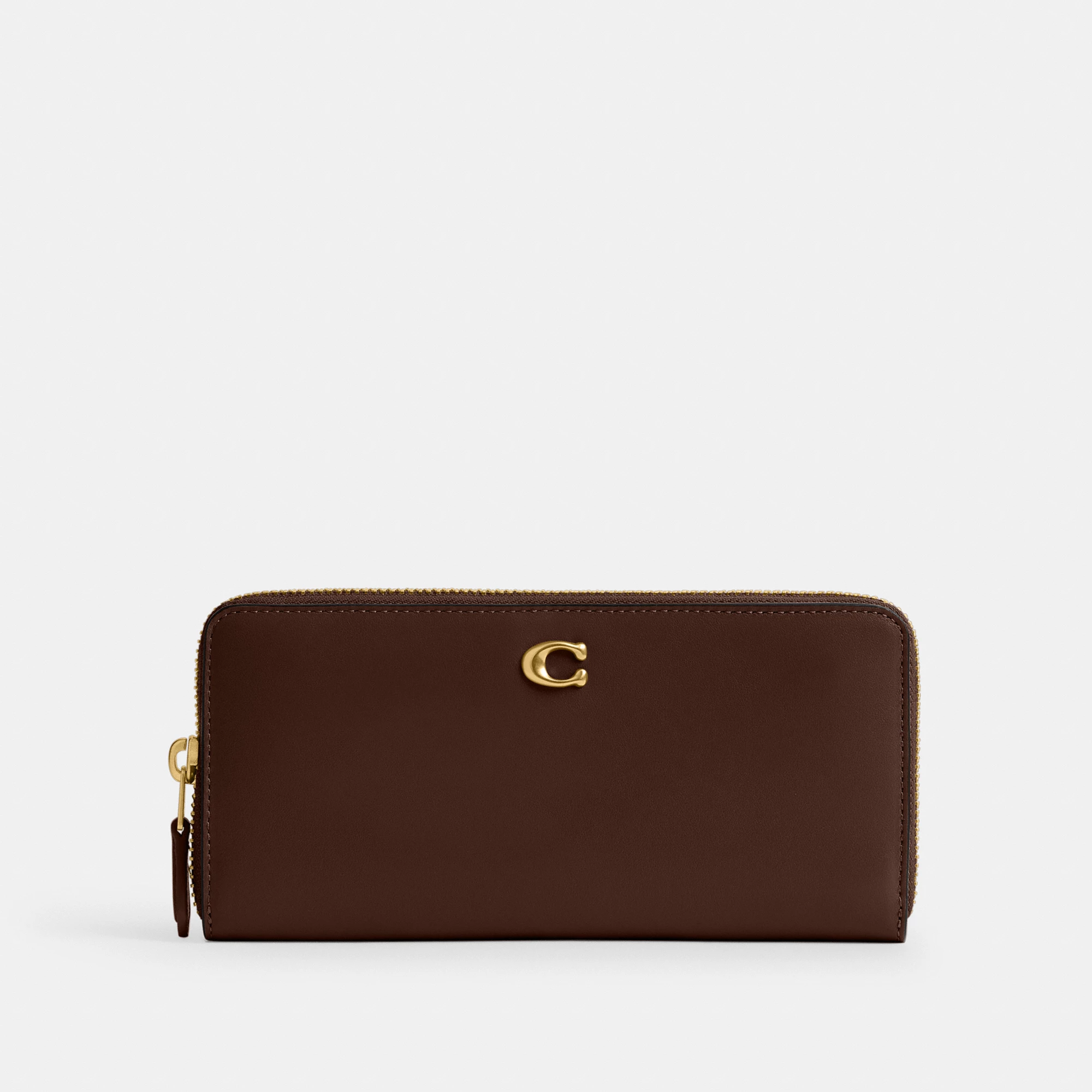 COACH®,Essential Slim Accordion Zip Wallet,Calfskin Leather,Leather,Continental,Logo,Metal,Casual,Brown,Front View