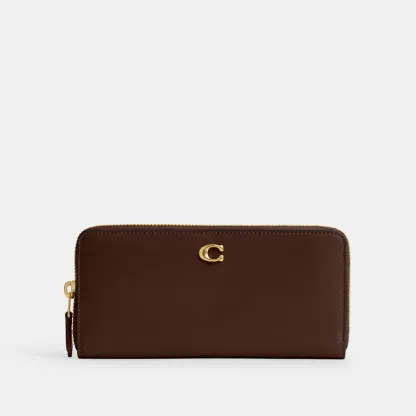 COACH®,Essential Slim Accordion Zip Wallet,Calfskin Leather,Leather,Continental,Logo,Metal,Casual,Brown,Front View