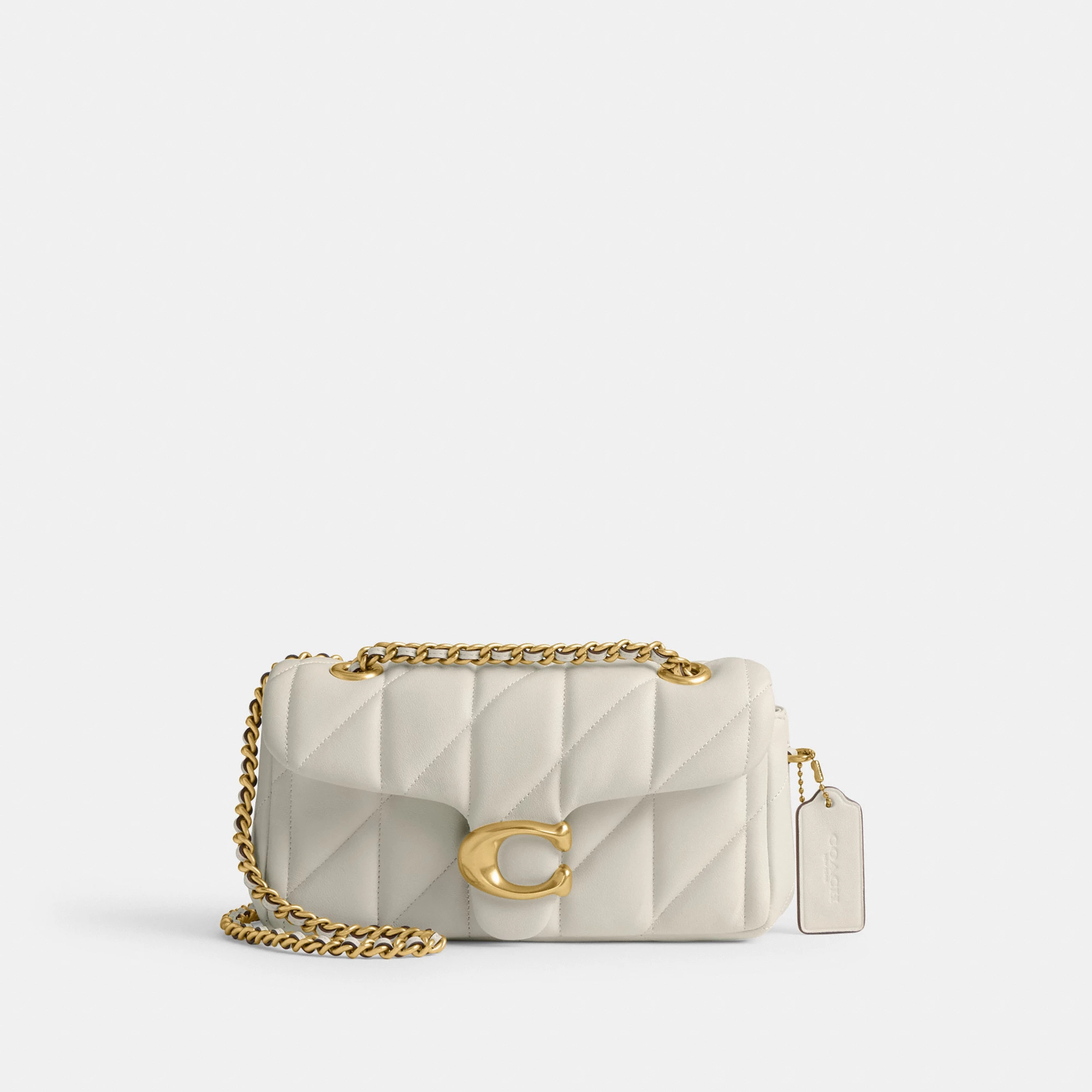 COACH®,Tabby Shoulder Bag 20 With Pillow Quilting,Leather,Shoulder Bag,Chain Detail,Embossed,Logo,Metal,Gold Metal,Day Party,White,Front View