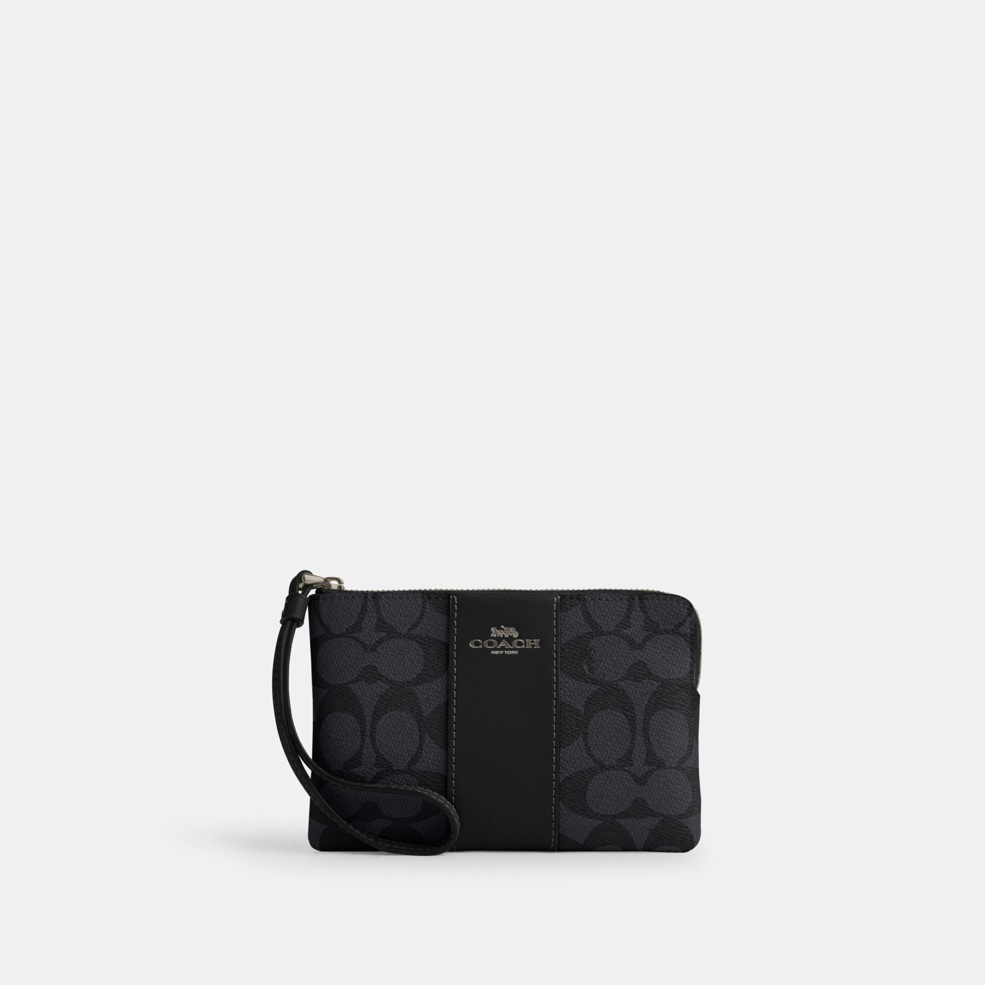 COACH®,Corner Zip Wristlet In Signature Canvas With Stripe,Wristlet,Pouch,Color Block,Casual,Black,Front View