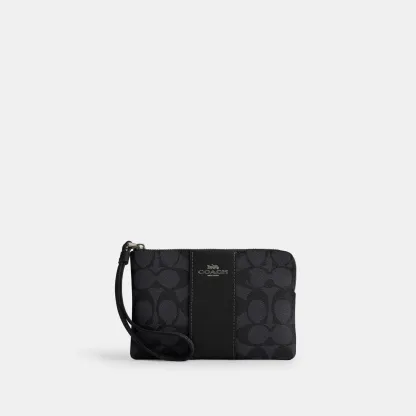 COACH®,Corner Zip Wristlet In Signature Canvas With Stripe,Wristlet,Pouch,Color Block,Casual,Black,Front View