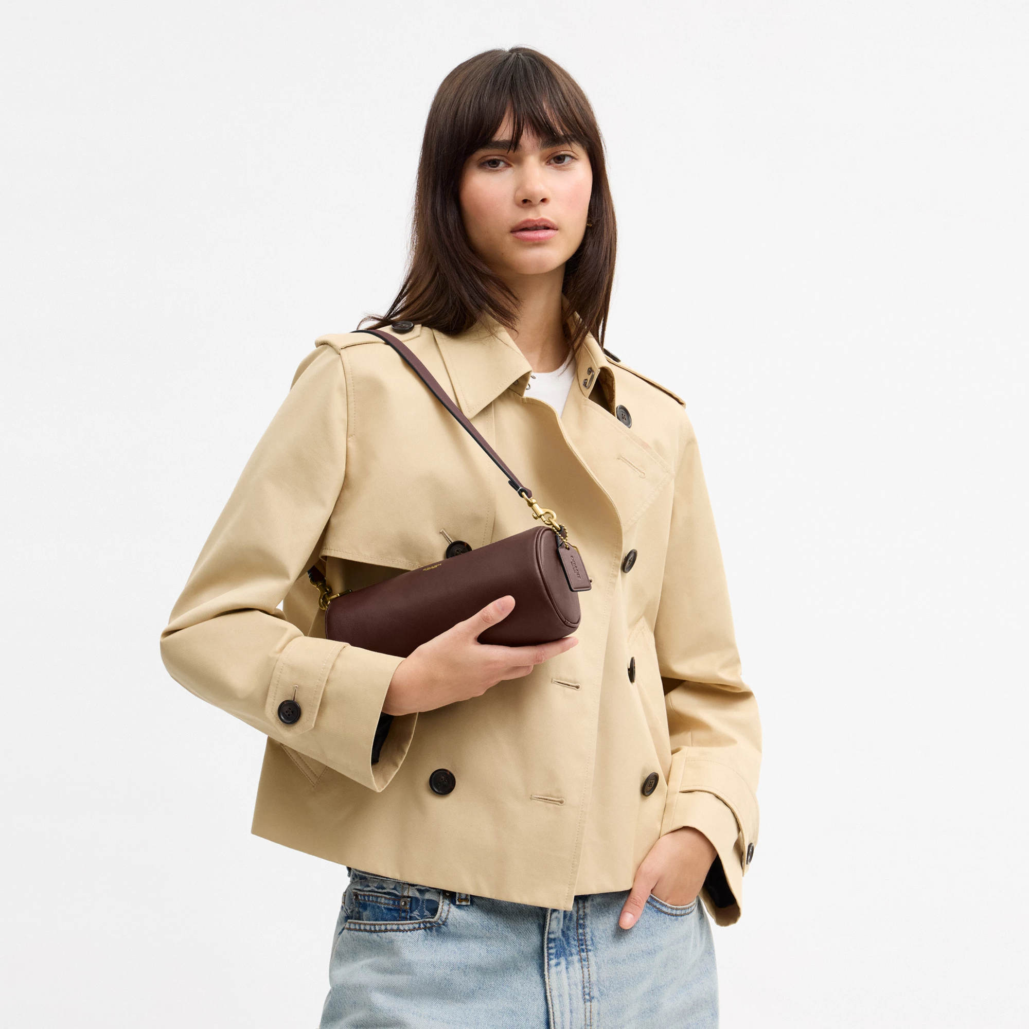 COACH®,Barrel Bag,Cotton,Leather,Barrel Bag,Pendant,Sustainable,Lined,Gold Metal,Day Party,Brown,Detail View