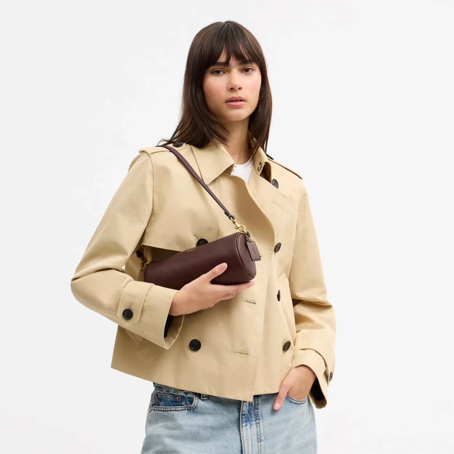 COACH®,Barrel Bag,Cotton,Leather,Barrel Bag,Pendant,Sustainable,Lined,Gold Metal,Day Party,Brown,Detail View