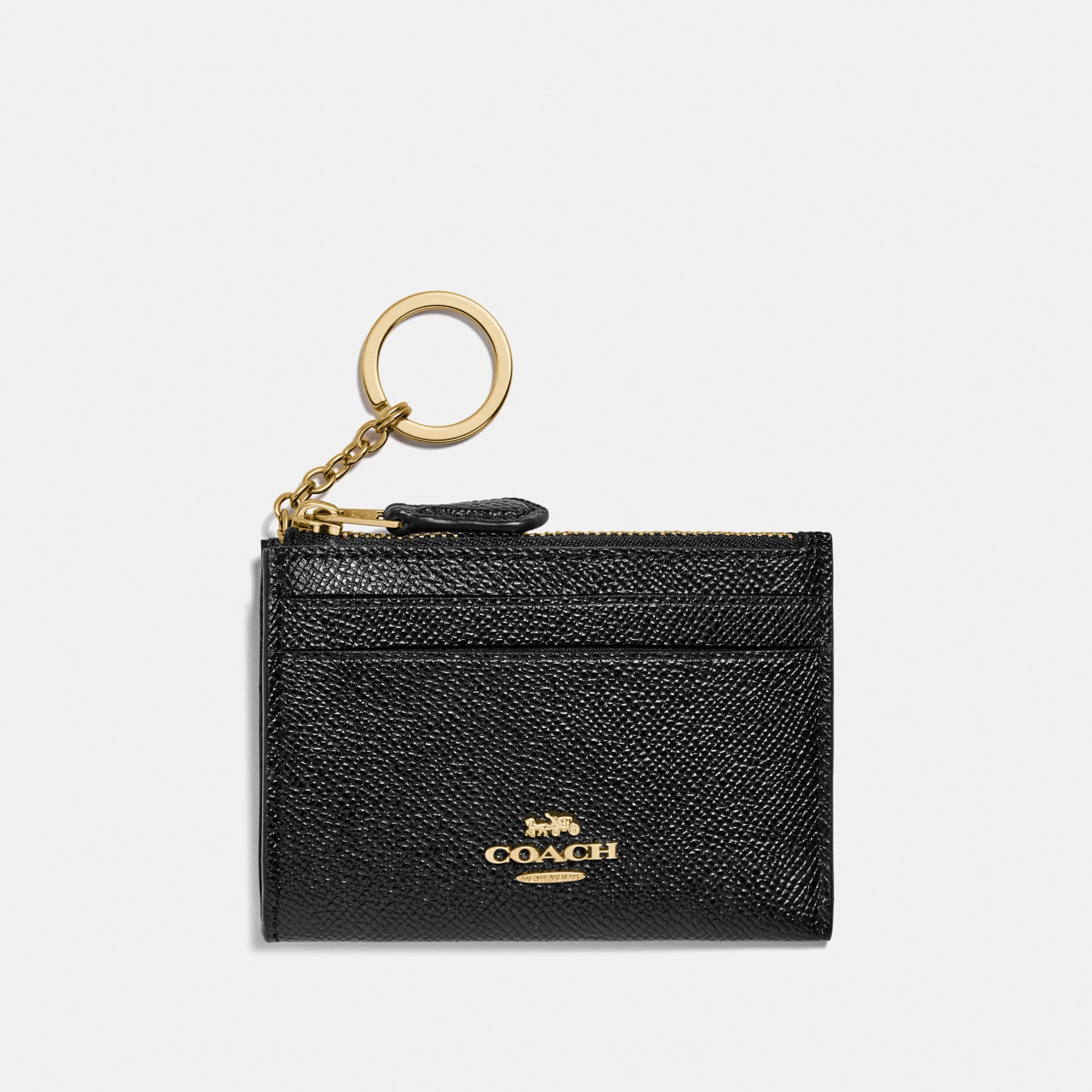 COACH®,Mini Skinny Id Case,Leather,Coin,Card Case,Key Ring,Gold Metal,Casual,Black,Front View