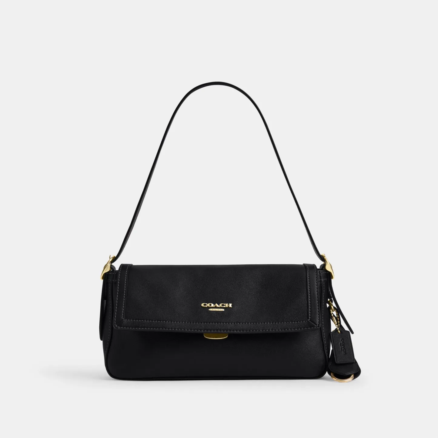 COACH®,Etta Small Flap Shoulder Bag,Recycled Polyester,Shoulder Bag,Logo,Compact,2 in 1,Sustainable,Adjustable,Gold Metal,...,Black,Front View