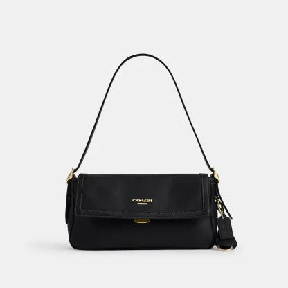 COACH®,Etta Small Flap Shoulder Bag,Recycled Polyester,Shoulder Bag,Logo,Compact,2 in 1,Sustainable,Adjustable,Gold Metal,...,Black,Front View