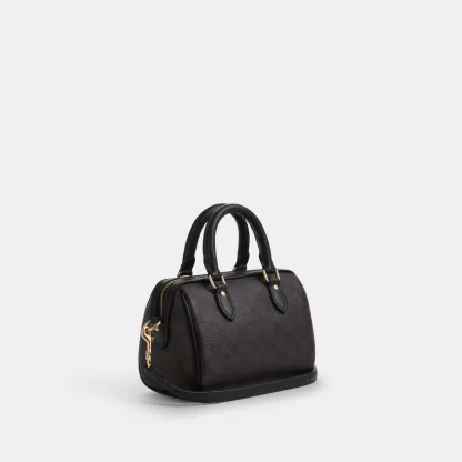 COACH®,Mini Rowan Crossbody Bag In Signature Canvas,Canvas,Recycled Polyester,Faux Leather,Metal,Logo,Casual,Black,Angle View