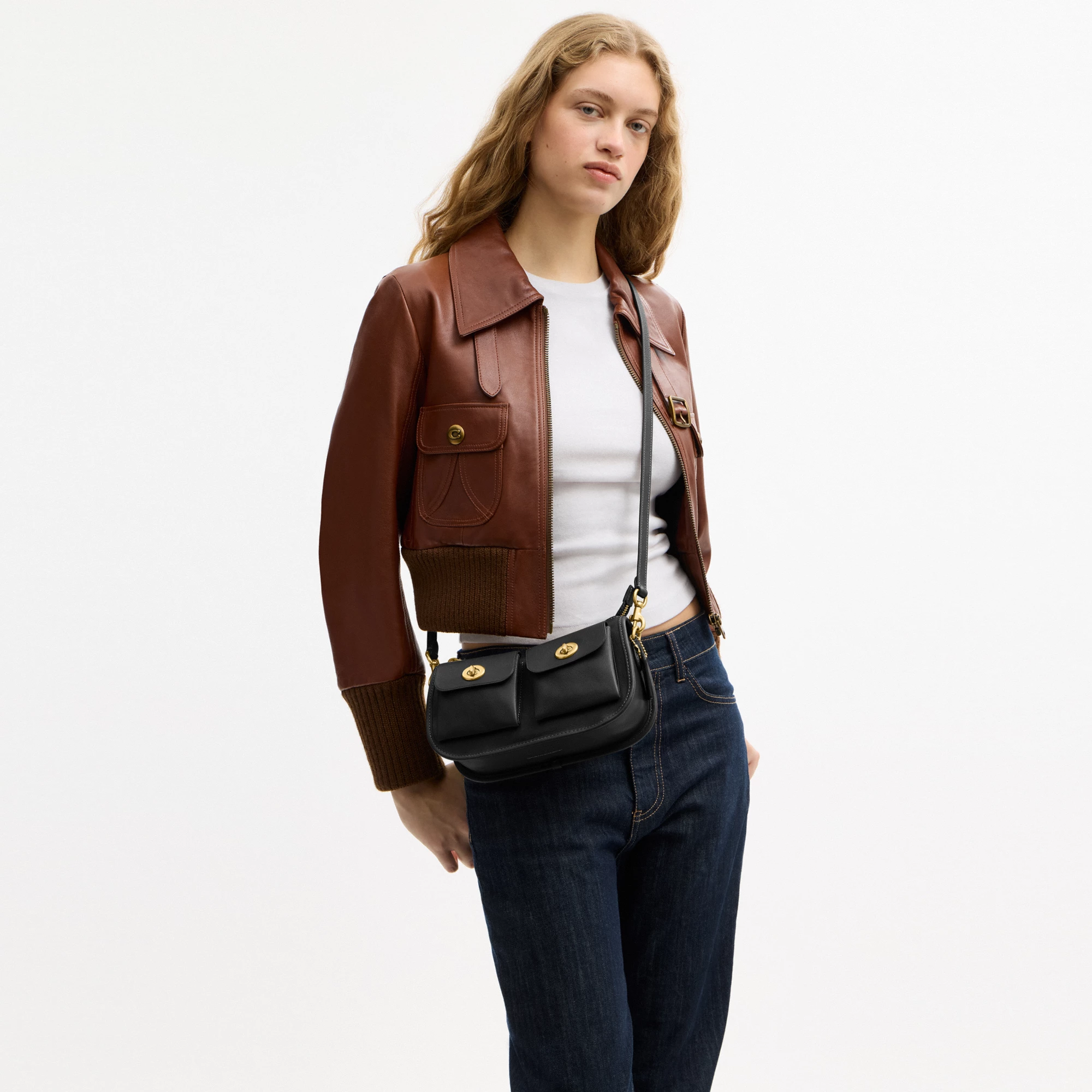 COACH®,Twin Turnlock Waverly Bag,Leather,Cotton,Shoulder Bag,Pendant,Compact,Gold Metal,Day Party,Black