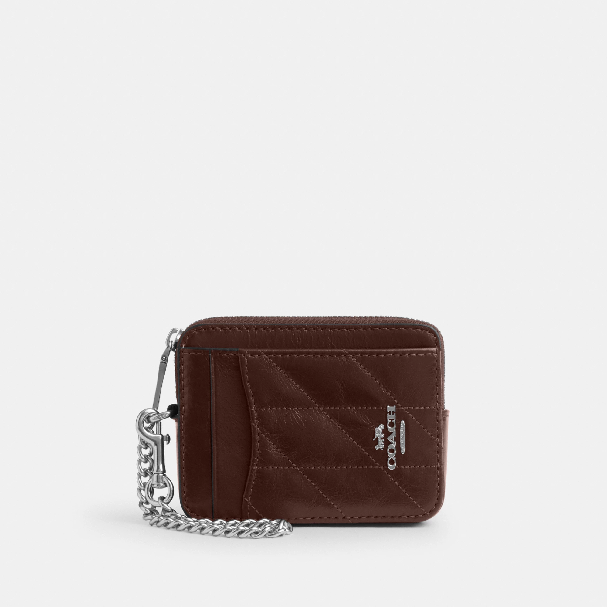 COACH®,Zip Card Case With Quilting,Leather,Wristlet,Coin,Card Case,Metal,Logo,Quilted,Casual,Brown,Front View