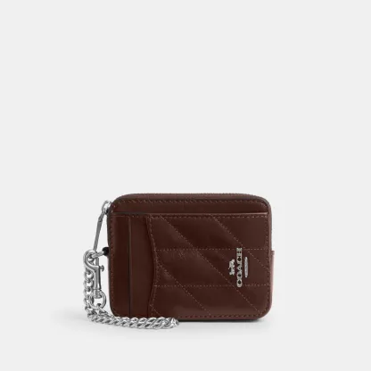 COACH®,Zip Card Case With Quilting,Leather,Wristlet,Coin,Card Case,Metal,Logo,Quilted,Casual,Brown,Front View