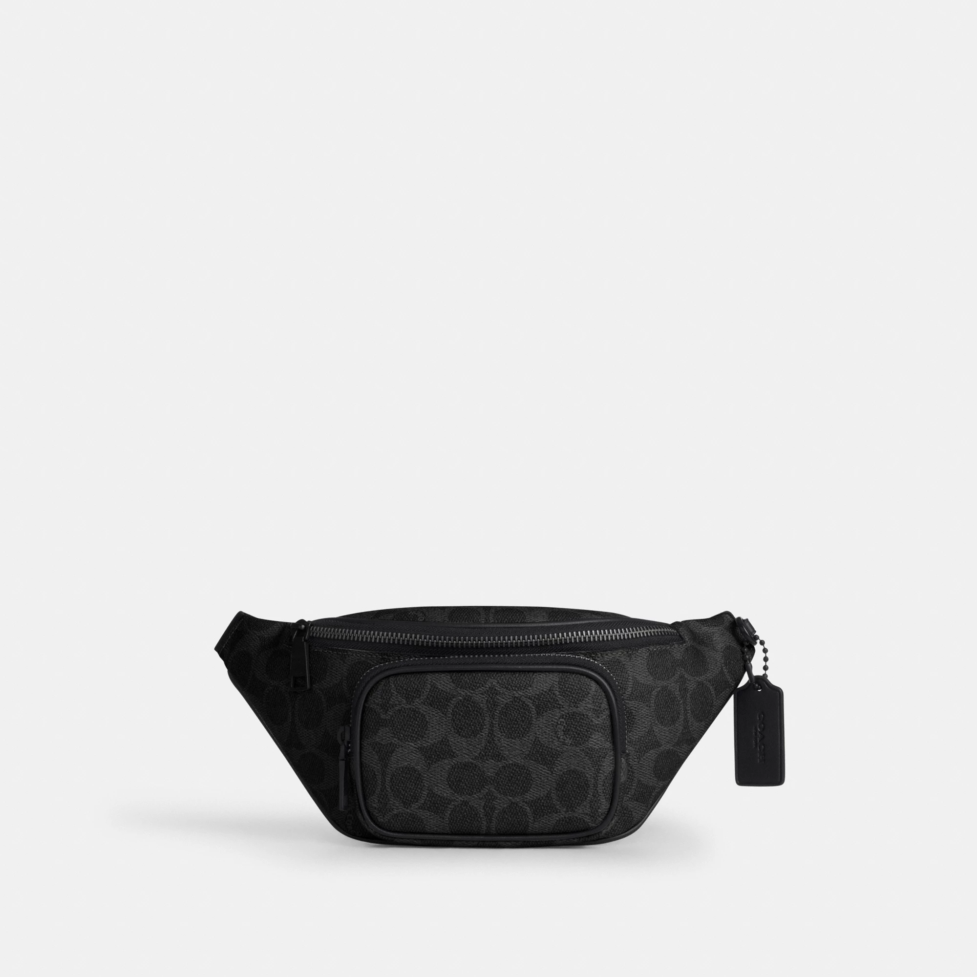 COACH®,Travis Belt Bag 30 In Signature Canvas,Recycled Polyester,Leather,Canvas,Belt Bag,Logo,Adjustable,Gunmetal,Casual,Black,Front View