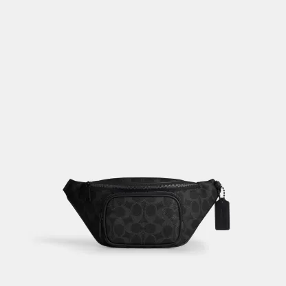 COACH®,Travis Belt Bag 30 In Signature Canvas,Recycled Polyester,Leather,Canvas,Belt Bag,Logo,Adjustable,Gunmetal,Casual,Black,Front View