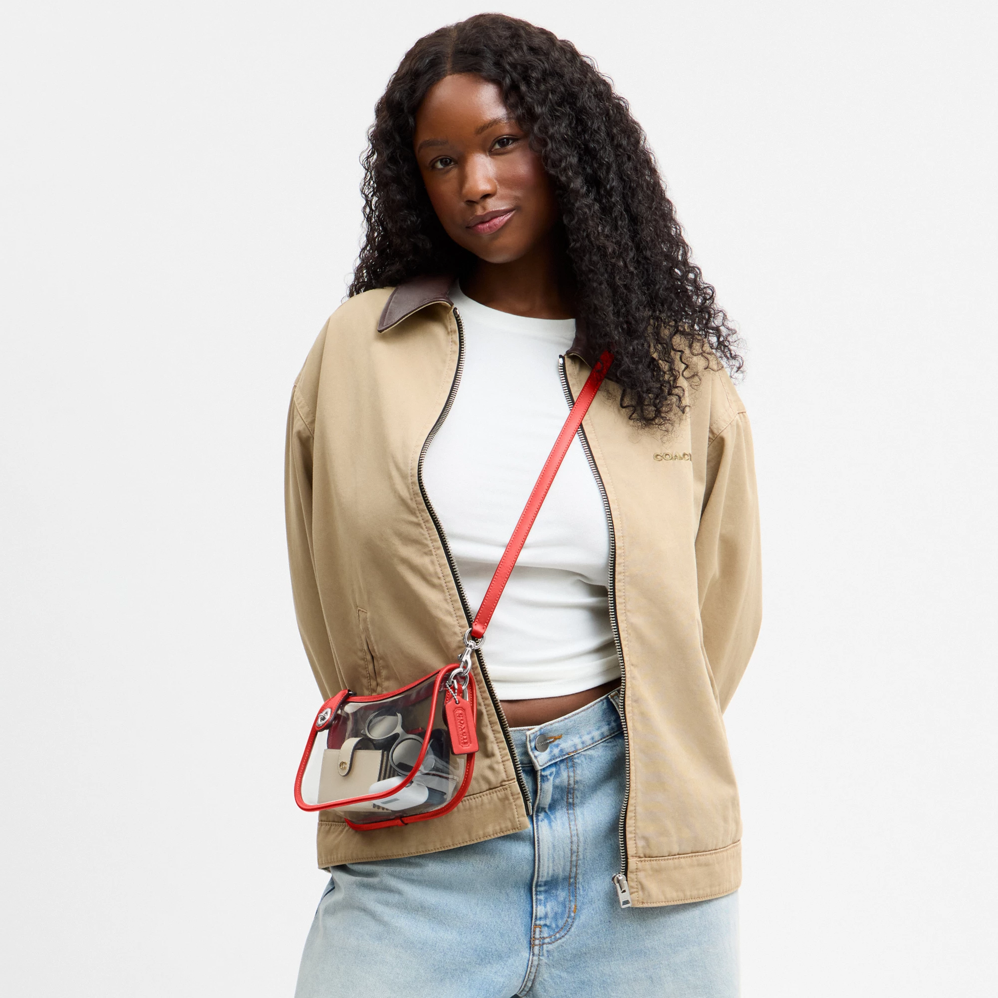 COACH®,Stadium Swinger Bag,Leather,Shoulder Bag,Sheer,Piping,Applique,Casual,White