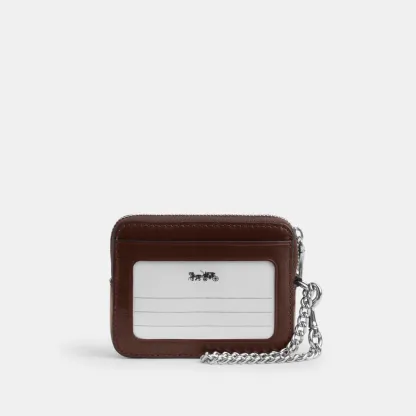 COACH®,Zip Card Case With Quilting,Leather,Wristlet,Coin,Card Case,Metal,Logo,Quilted,Casual,Brown,Back View