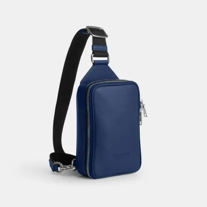 COACH®,Ray Pack,Recycled Polyester,Leather,Crossbody,Slingback,Metal Material,Logo,Adjustable,Silver Metal,Casual,Blue,Angle View