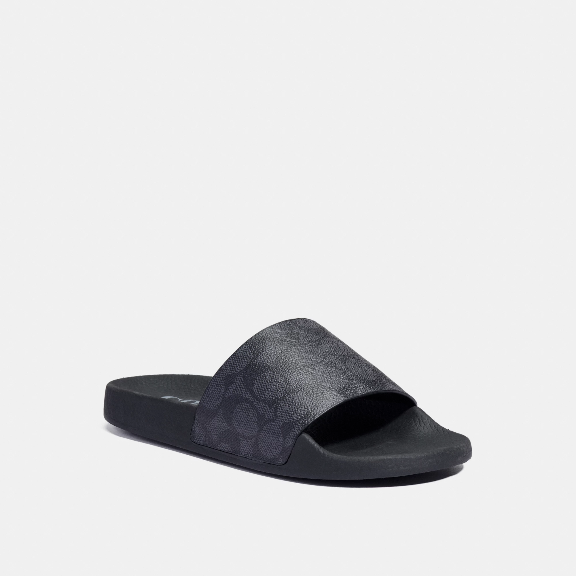 COACH®,Udele Sport Slide In Signature Canvas,Canvas,Rubber,EVA,Slides,Logo,Pull Tab,Cushioned Outsole,Casual,Black,Front View