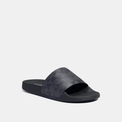 COACH®,Udele Sport Slide In Signature Canvas,Canvas,Rubber,EVA,Slides,Logo,Pull Tab,Cushioned Outsole,Casual,Black,Front View