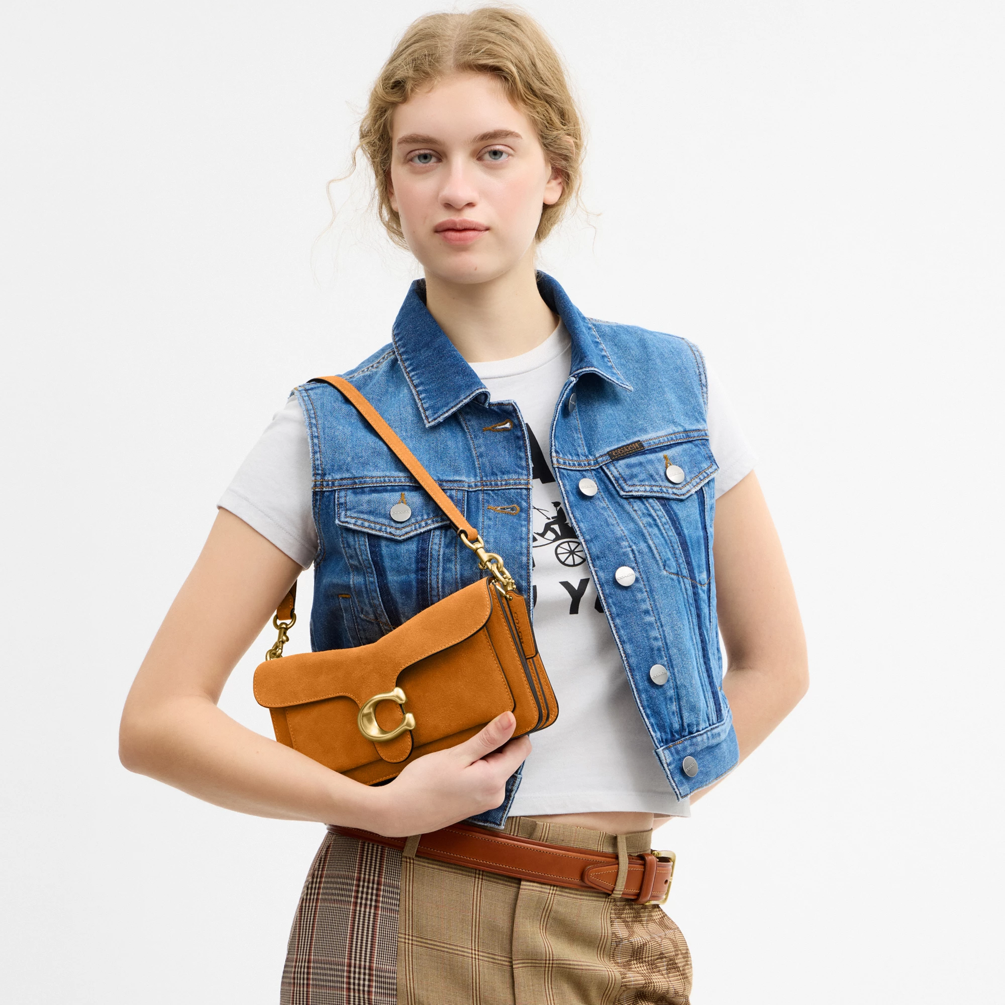 COACH®,Tabby Shoulder Bag 26,Leather,Suede,Shoulder Bag,Crossbody,Metal Material,Quilted,Logo,Gold Metal,Brass,Casual,Orange,Detail View