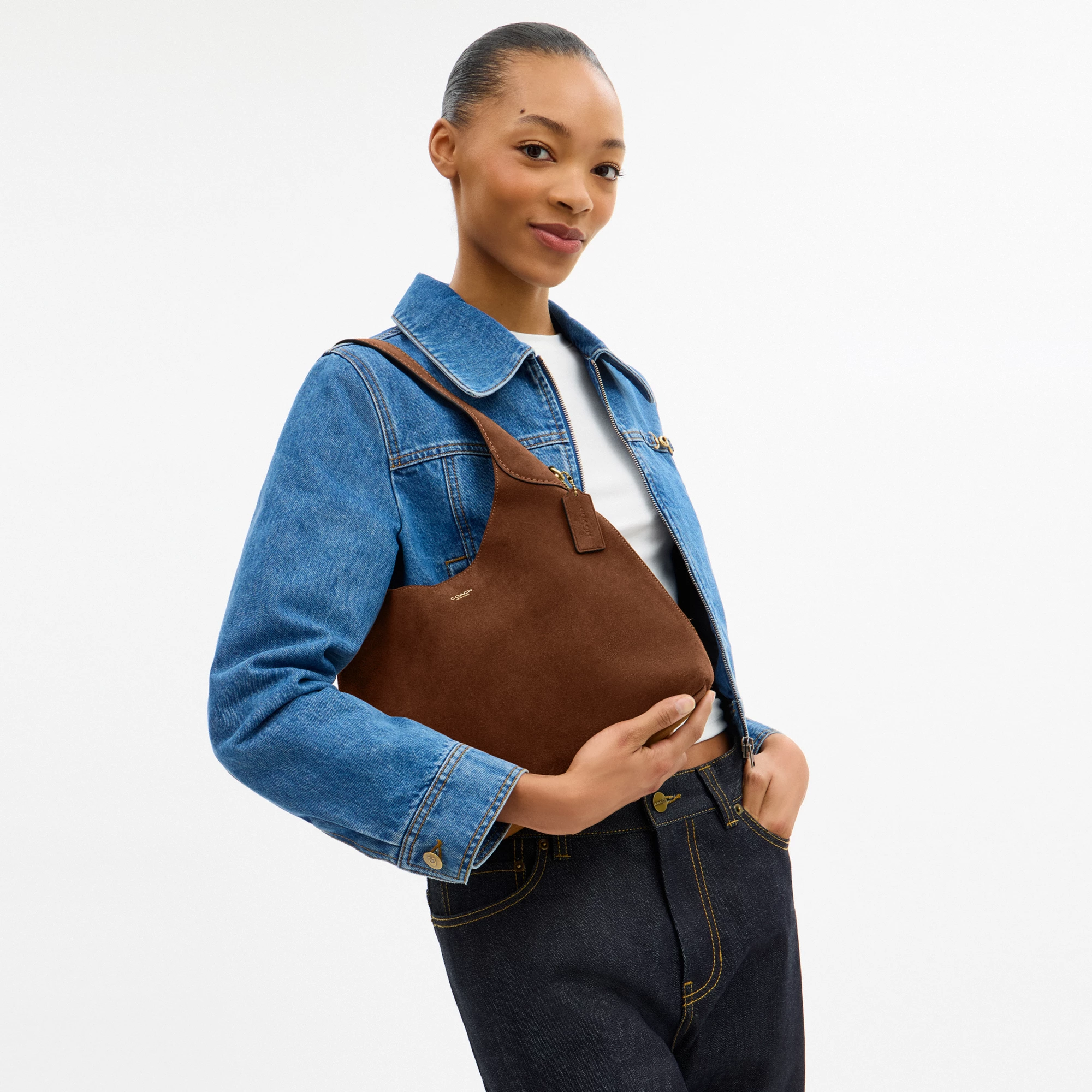 COACH®,Brooklyn Shoulder Bag 28,Suede,Leather,Hobo,Logo,Casual,Brown,Detail View
