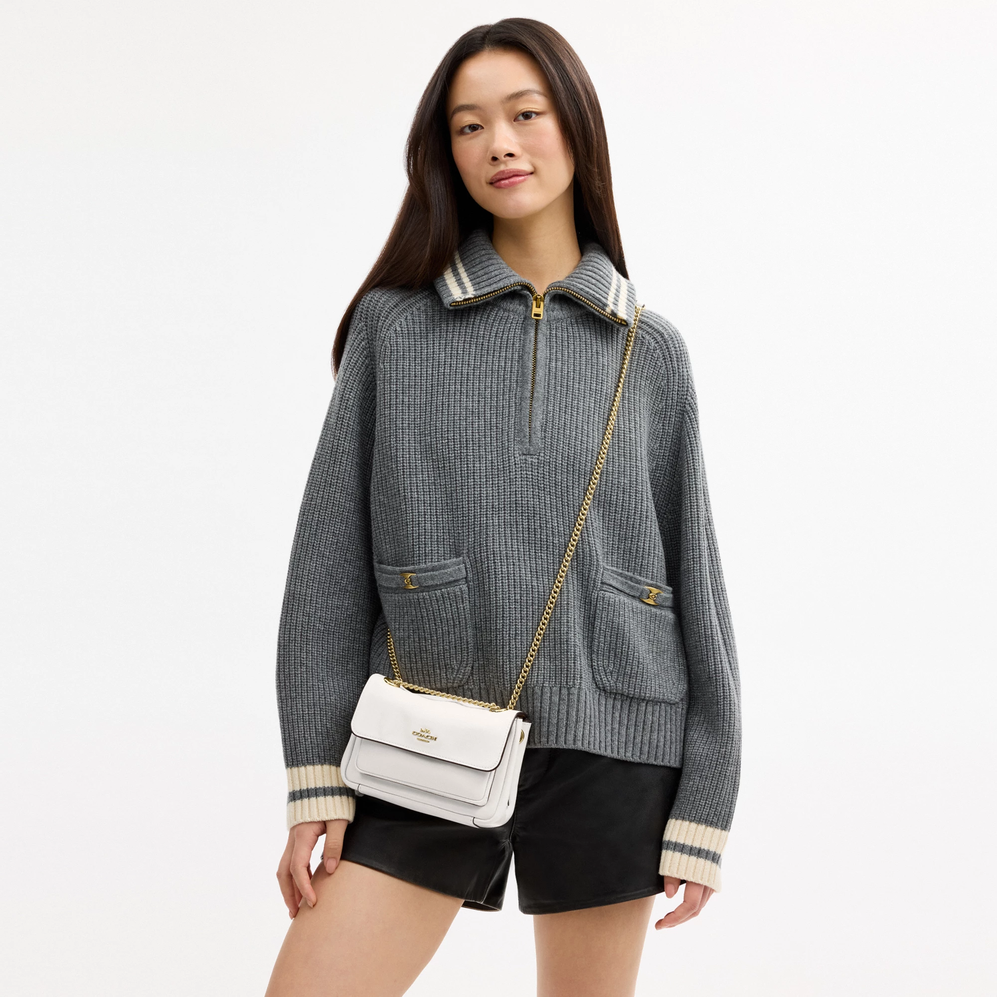 COACH®,Elodie Crossbody Bag 18,Leather,Recycled Polyester,Crossbody,Logo,Sustainable,Adjustable,Silver Metal,Casual,Cream