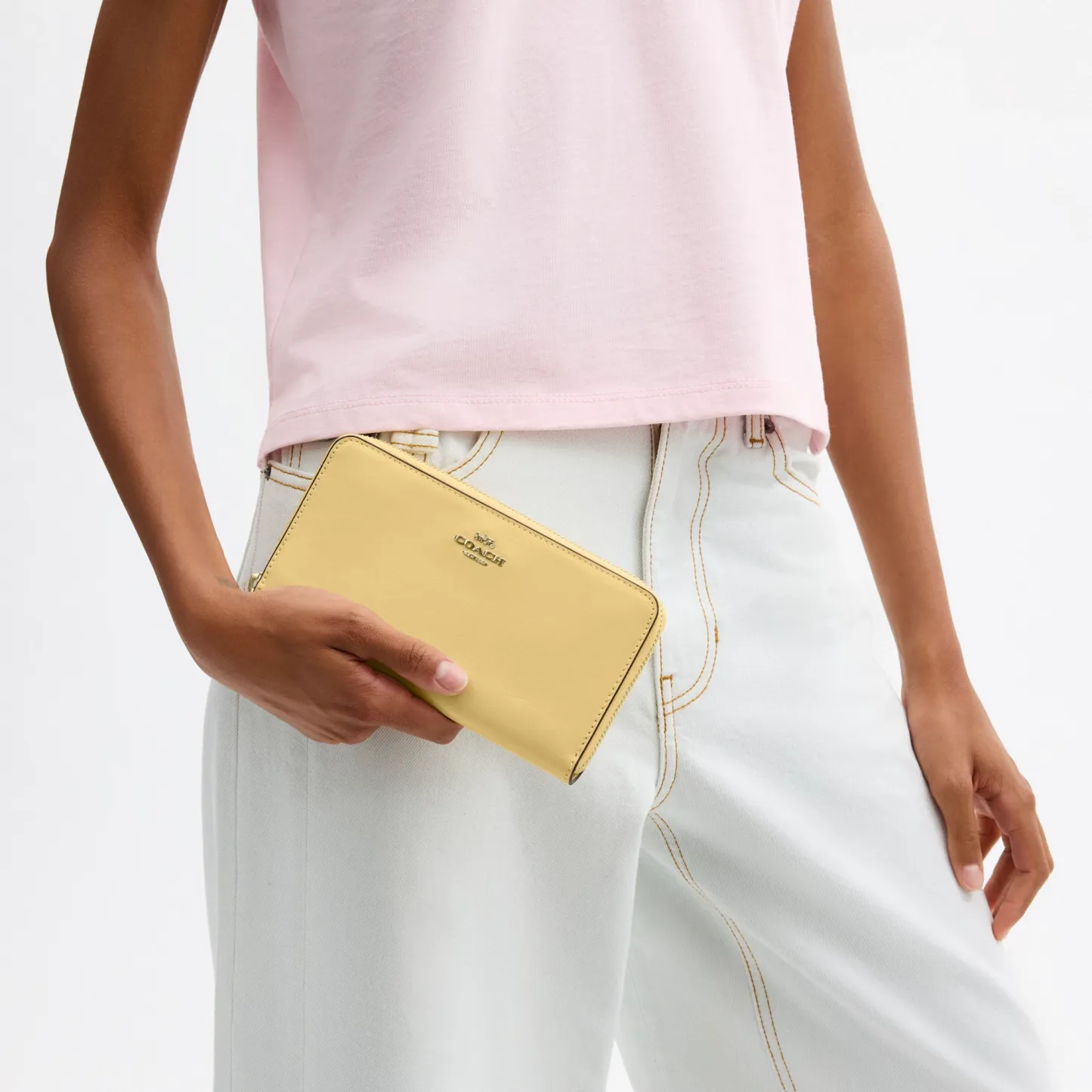 COACH®,Long Zip Around Wallet,Leather,Wristlet,Continental,Logo,Metal,Casual,Gold,Detail View