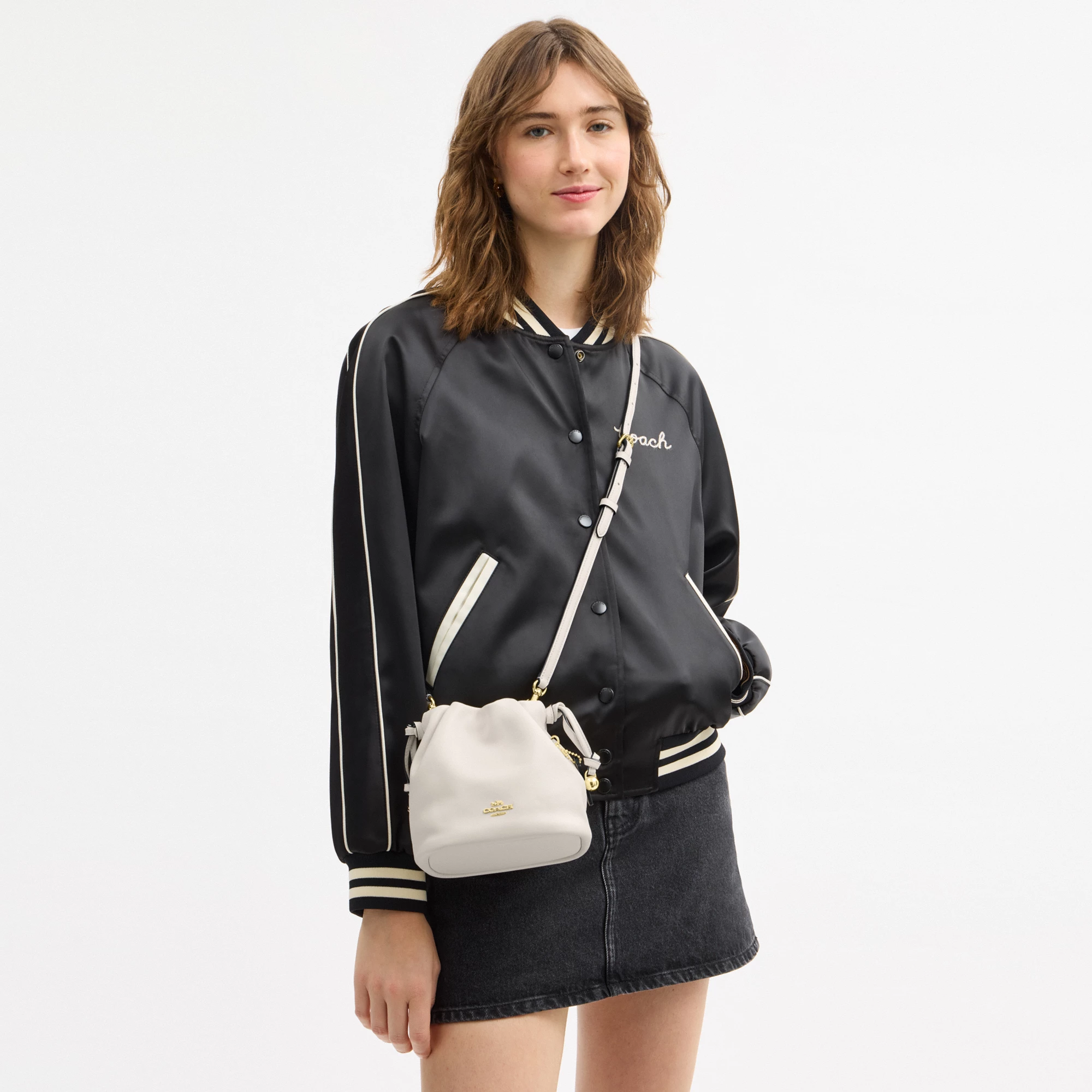 COACH®,Faye Mini Drawstring Bag,Leather,Bucket,Logo,Metal,Silver Metal,Day Party,White