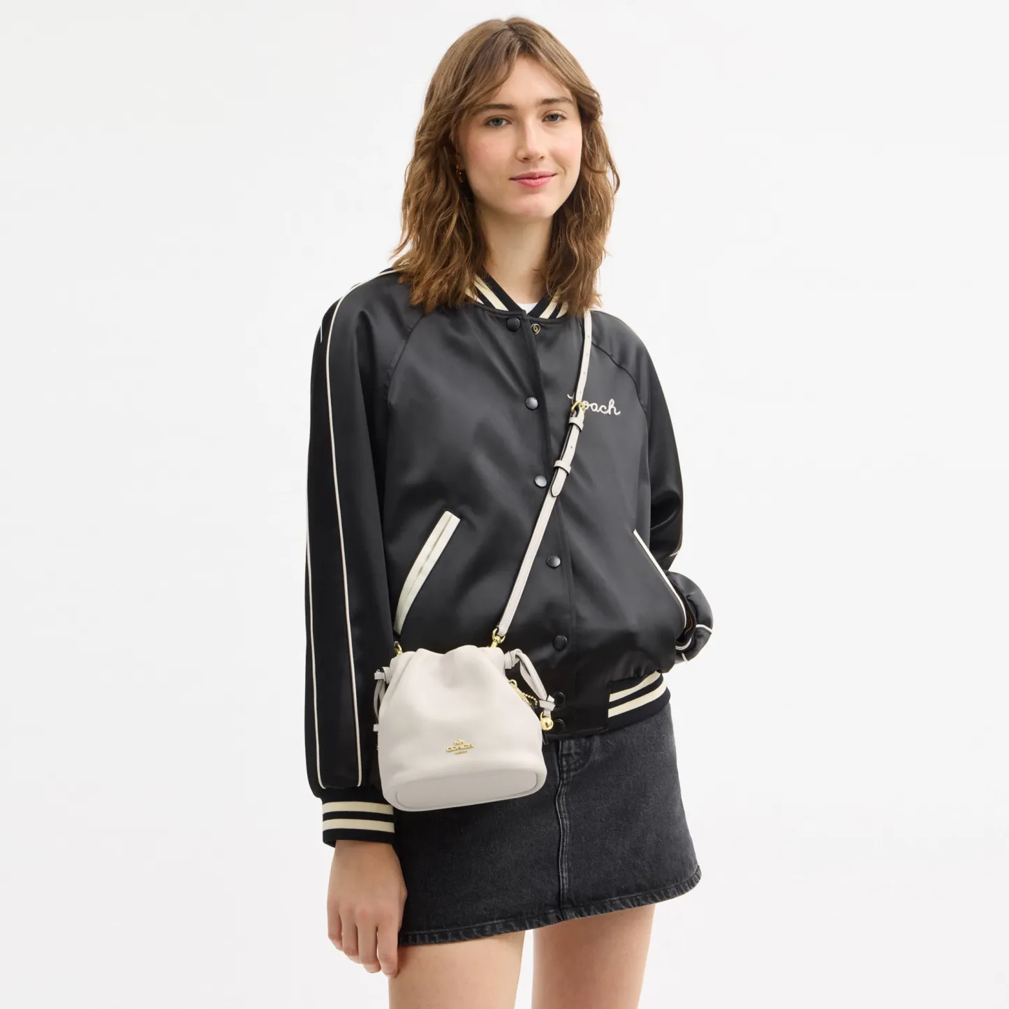 COACH®,Faye Mini Drawstring Bag,Leather,Bucket,Logo,Metal,Silver Metal,Day Party,White