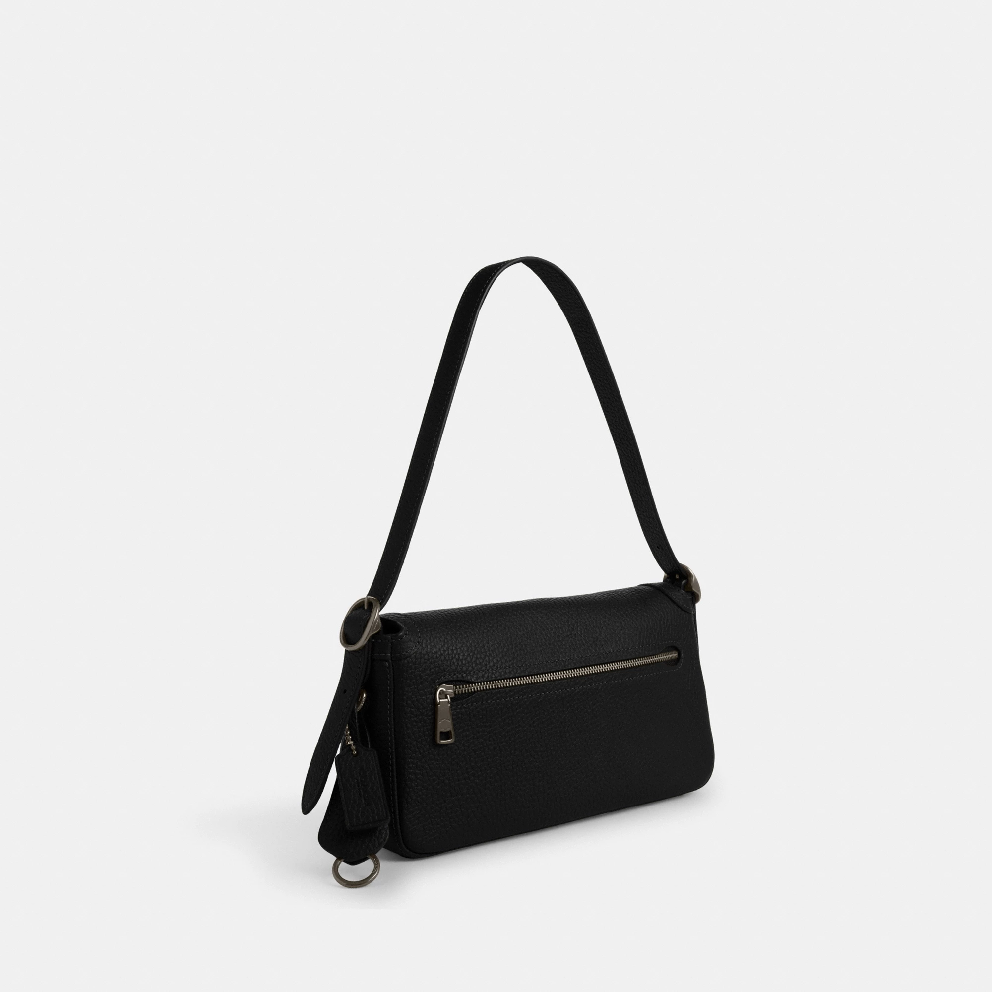 COACH®,Etta Small Flap Shoulder Bag,Leather,Shoulder Bag,Metal,Logo,Compact,Lined,Adjustable,Casual,Black,Angle View