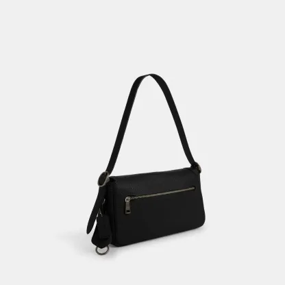COACH®,Etta Small Flap Shoulder Bag,Leather,Shoulder Bag,Metal,Logo,Compact,Lined,Adjustable,Casual,Black,Angle View