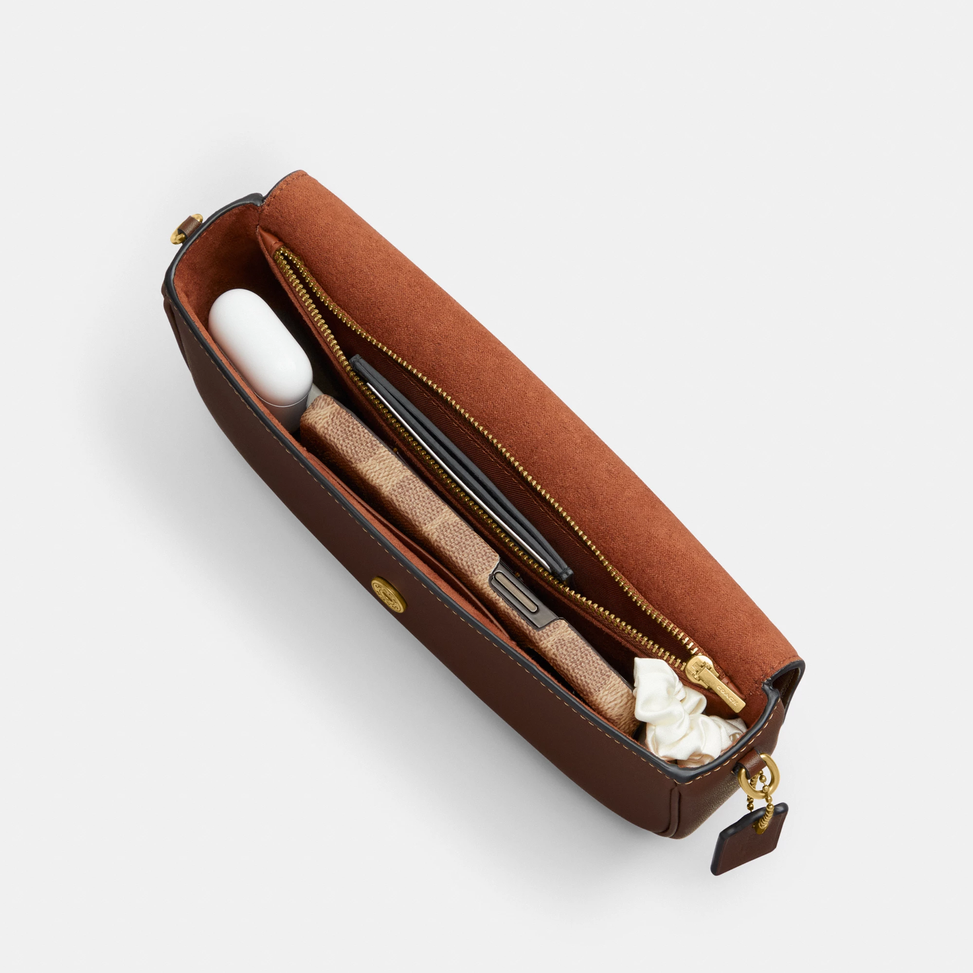COACH®,Brook Flap Chain Bag,Calfskin Leather,Leather,Fabric,Shoulder Bag,Logo,Metal,Compact,Adjustable,Shoulder Guard,Gold...,Brown,Inside View,Top View