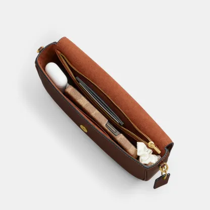 COACH®,Brook Flap Chain Bag,Calfskin Leather,Leather,Fabric,Shoulder Bag,Logo,Metal,Compact,Adjustable,Shoulder Guard,Gold...,Brown,Inside View,Top View