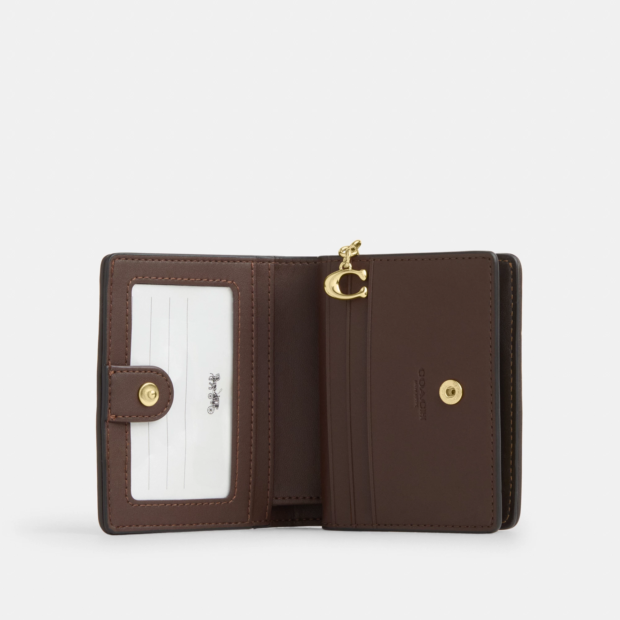 COACH®,Snap Wallet In Signature Chenille,Leather,Bi Fold,Logo,Metal,Key Ring,Casual,Brown,Inside View,Top View